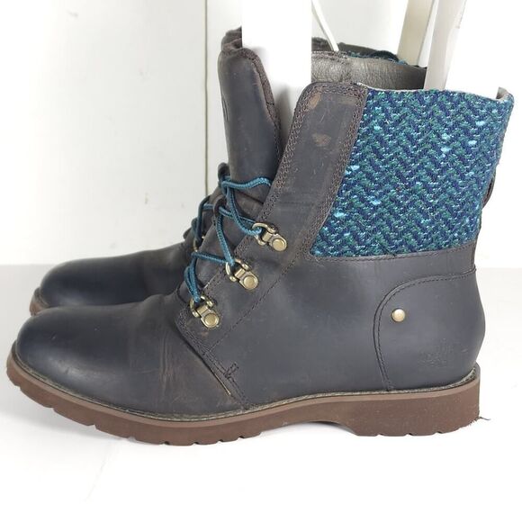 The North Face Women's Ballard US8 Brown Blue Oiled Leather Knit Lace Up Boots - Picture 2 of 16